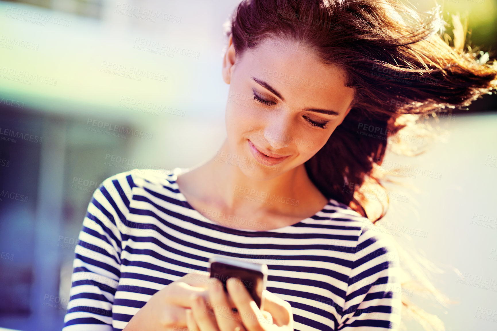 Buy stock photo Outdoor, sunshine and woman with cellphone, typing and sunshine with social media, summer or website info. Smartphone, girl or mobile user with digital app or tech with online reading, blog or news