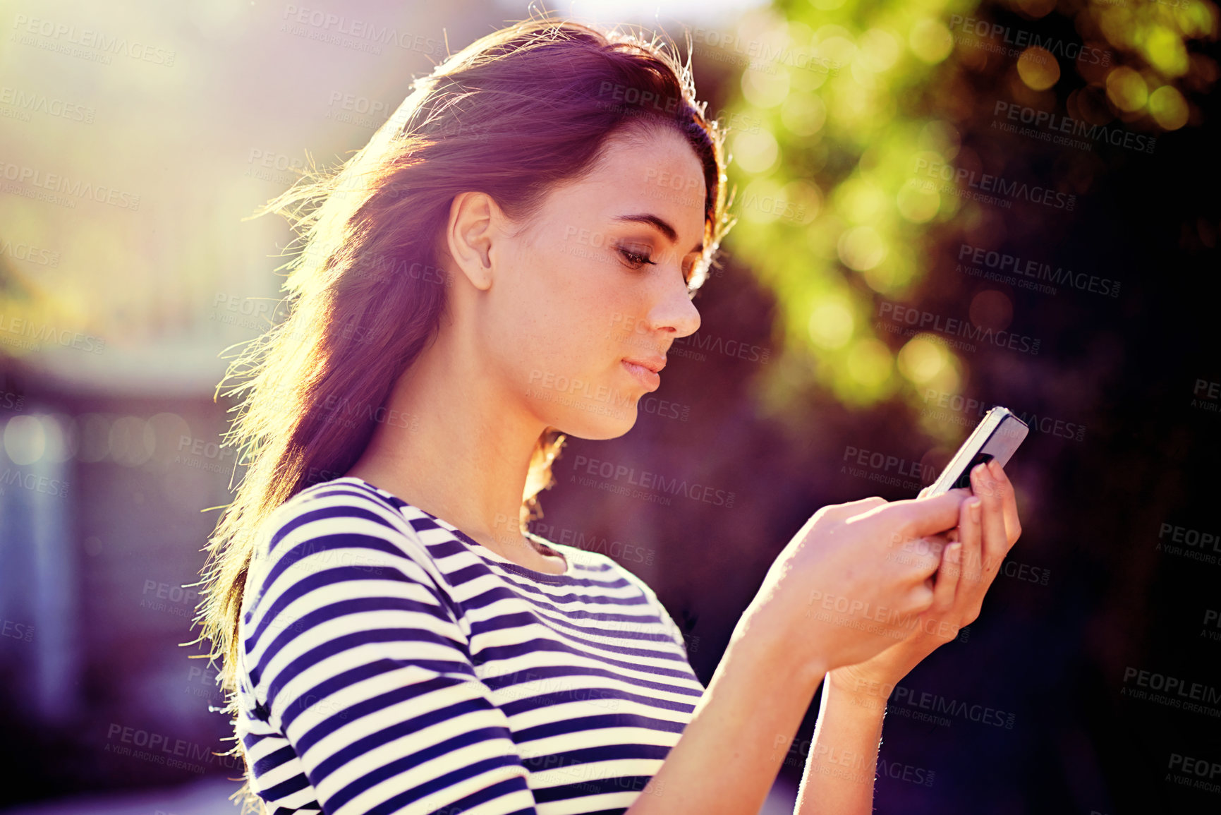 Buy stock photo Outdoor, sunshine and woman with smartphone, typing and internet with social media or website info. Cellphone, girl in a city or mobile user with digital app or tech with online reading, blog or news