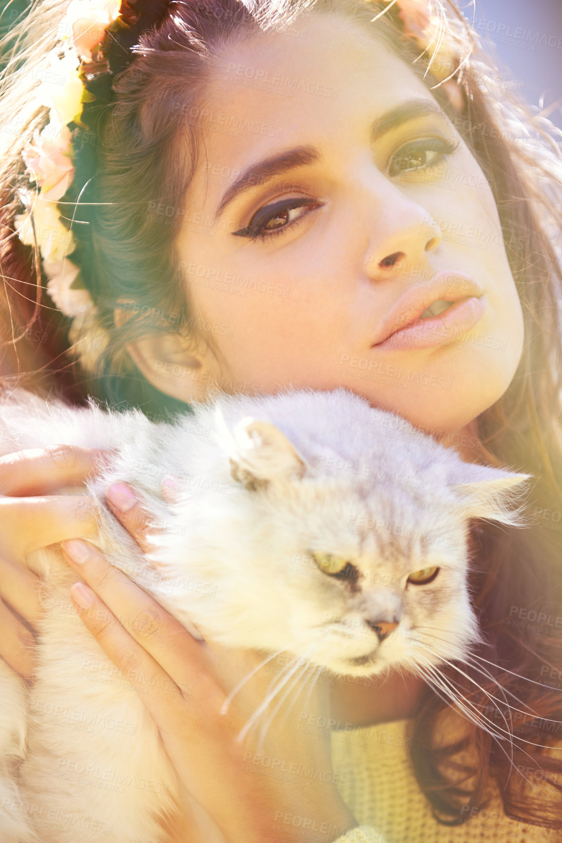 Buy stock photo Young, woman and cat in outdoor for care and bonding together in sunshine for wellness in nature. Lady, pet and love for domestic animal with hugging, close up and support for health in environment