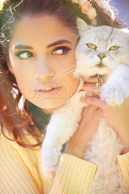 Buy stock photo Woman, cat and hug outdoors for comfort, pet care and holding for affection outside. Female person, animal and embrace for bonding on vacation or holiday, love and companion for support in closeup
