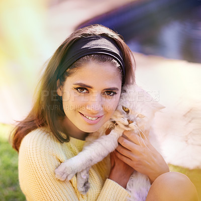 Buy stock photo Woman, cat and embrace outdoors in portrait, pet care and smile for affection in backyard or garden. Female person, animal and hug for bonding on vacation or holiday, happy and companion for support