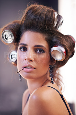 Buy stock photo Haircare, rollers and woman with glamour, portrait and creative for curling with cans for soda on head. Adult, girl and female person with confidence of style, texture and model with aesthetic