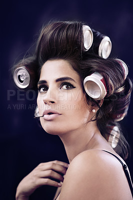Buy stock photo Studio, rollers and haircare for woman with glamour, creative and curling with cans for soda on head. Adult, girl and female person with confidence of style, texture and model with aesthetic