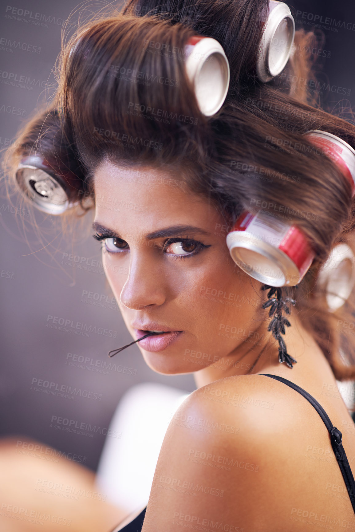 Buy stock photo Glamour, curlers and woman with hair, portrait and creative for curling with cans for soda on head. Adult, girl and female person with confidence of style, texture and aesthetic for grooming tools