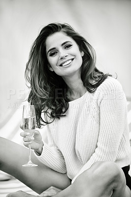 Buy stock photo Champagne, glass and portrait of woman with smile for vacation, weekend break and relax on holiday. Female person, alcohol and face with happiness for getaway, summer trip or recreation in monochrome