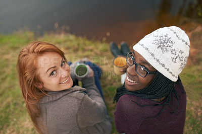 Buy stock photo Camping, friends and portrait of women by lake in nature on outdoor holiday, vacation and adventure, Campsite, travel and people bonding with coffee or drink in woods, forest and countryside together