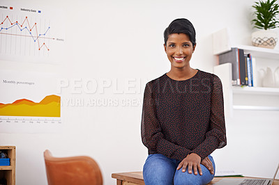 Buy stock photo Business woman, portrait or office for online research or productivity or internet to work on finance proposal. Indian person, consultant and happy face in startup for working and laptop for project