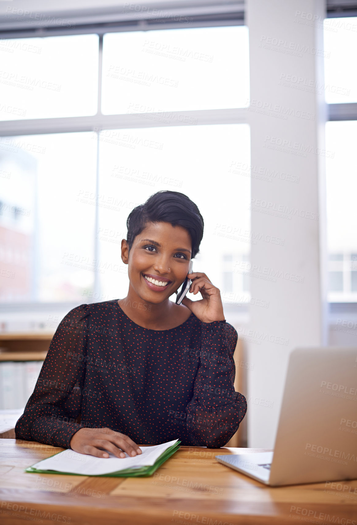 Buy stock photo Young business woman, phone call and networking in office and talking of creative idea for company project. Indian person, writer and cellphone for discussion on book printing and review of publisher