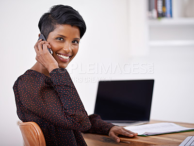Buy stock photo Portrait, business woman, phone call and networking in office and talking of creative idea for company project. Indian writer, face and cellphone for discussion on book printing and happy to publish
