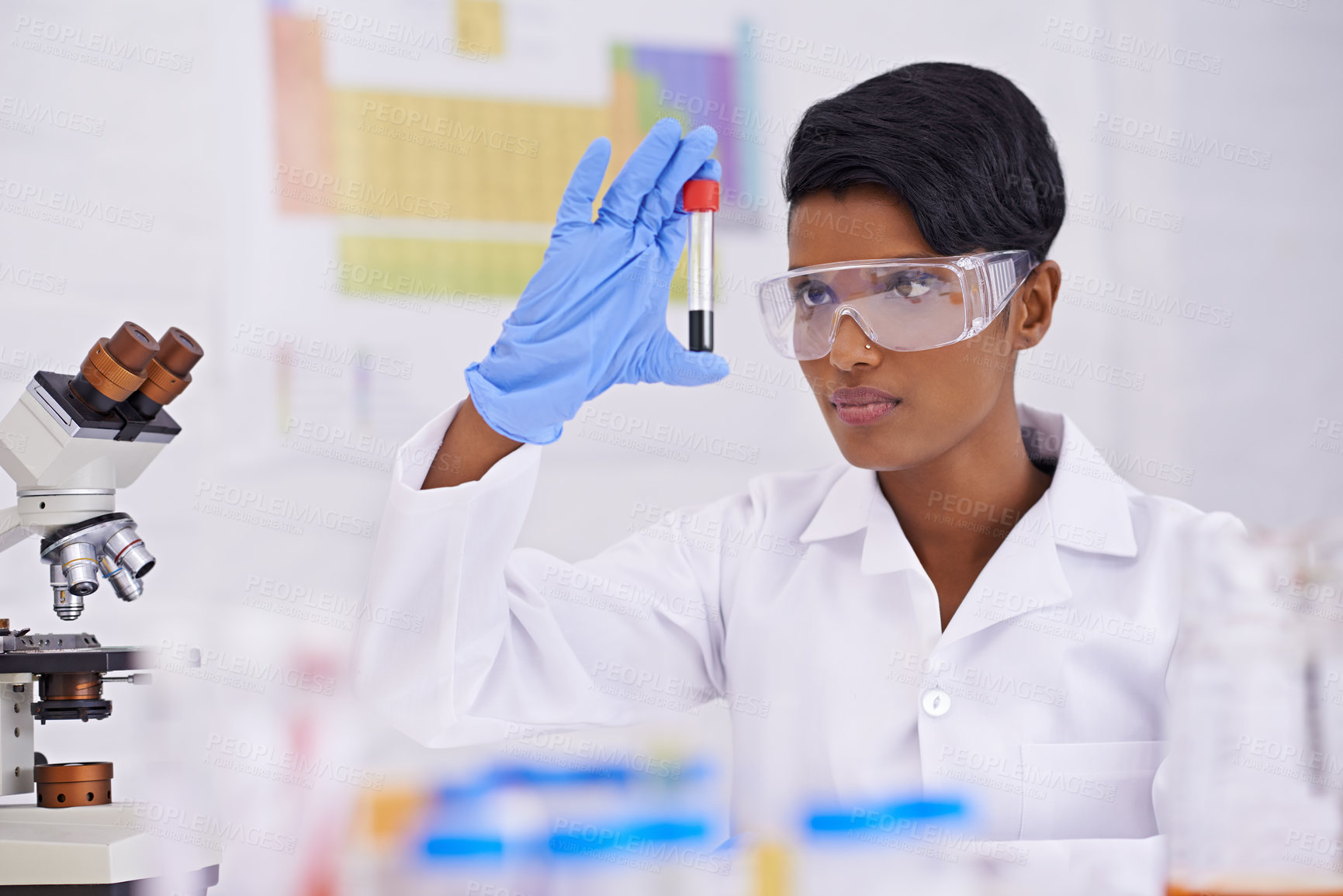 Buy stock photo Blood, dna and scientist with test tube in laboratory for scientific research or experiment. Medical, science and professional woman researcher with pharmaceutical dna in glass vial for medical study