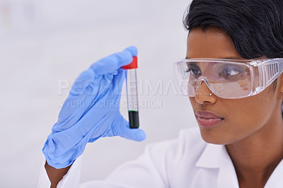 Buy stock photo Blood, scientist and woman with test tube in laboratory for scientific research or experiment. Medical, science and professional researcher with pharmaceutical dna in glass vial for medical study.