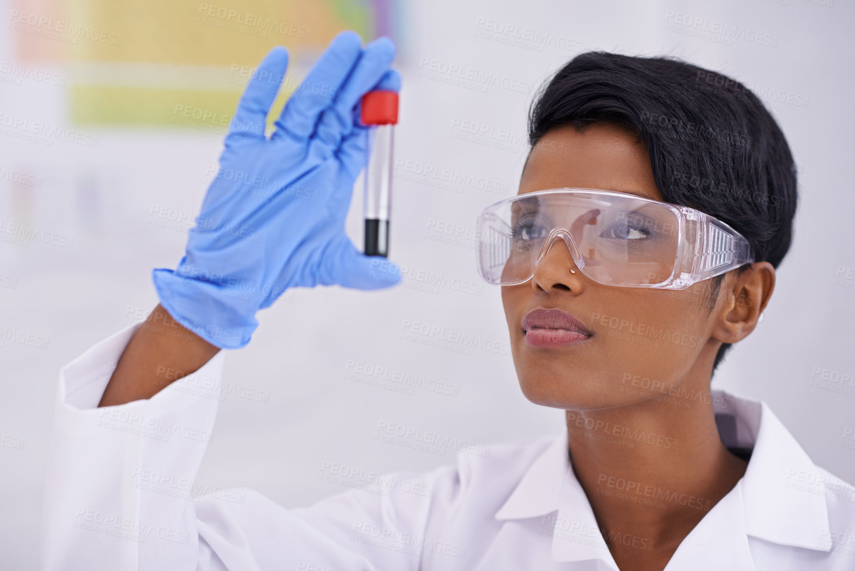 Buy stock photo A beautiful young scientist examining a test tube in her lab