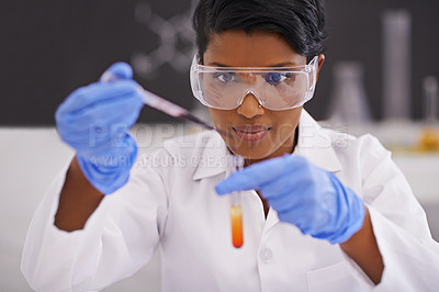 Buy stock photo Science, laboratory and black woman with sample and pipette for medical research, study and vaccine development. Healthcare, pharmaceutical and person with vial for medicine, experiment and analysis