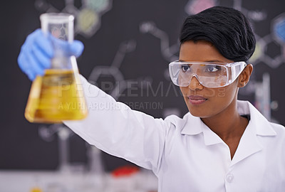 Buy stock photo Science, laboratory and black woman with sample in beaker for medical research, analysis and vaccine development. Healthcare, pharmaceutical and person with vial for medicine, experiment and study