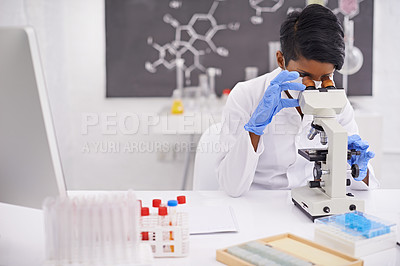 Buy stock photo A young scientist using a microscope at her desk in her lab