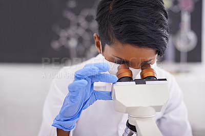 Buy stock photo Woman, microscope and scientist in laboratory for medical research, experiment and innovation. Science, technology and researcher or doctor with equipment for sample analysis and bacteria testing