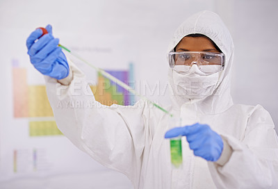 Buy stock photo Science, laboratory and scientist with sample and pipette for medical research, analysis and vaccine development. Healthcare, pharmaceutical and person with vial for medicine, experiment and study