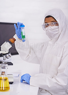 Buy stock photo Science, laboratory and woman with sample in portrait for medical research, analysis and vaccine development. Healthcare, pharmaceutical and doctor with vial for medicine, experiment and study