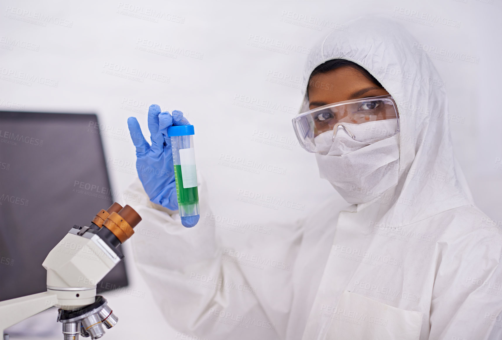 Buy stock photo Science, laboratory and woman in portrait with test tube for medical research, analysis and vaccine development. Healthcare, pharmaceutical and doctor with vial for medicine, experiment and study