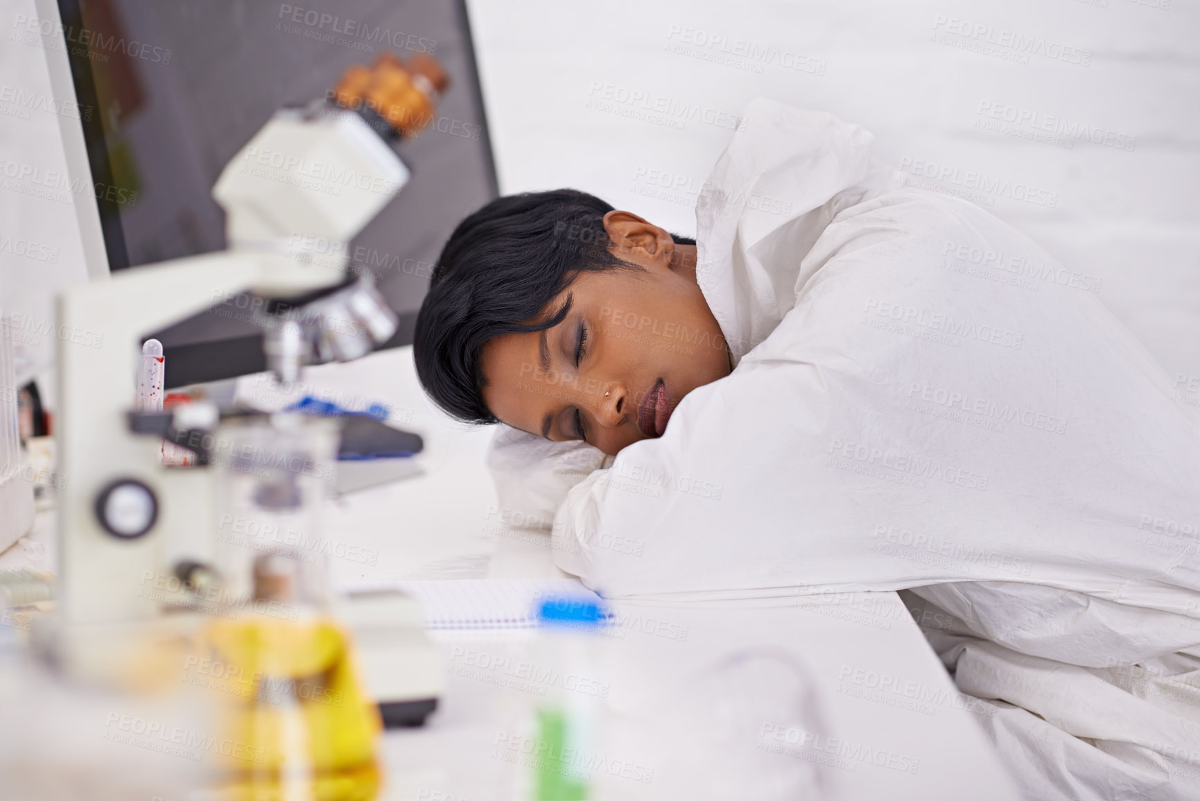 Buy stock photo Sleeping, tired and woman scientist in laboratory working overtime on pharmaceutical research. Exhausted, fatigue and female biology researcher with nap for burnout with medical project or study.