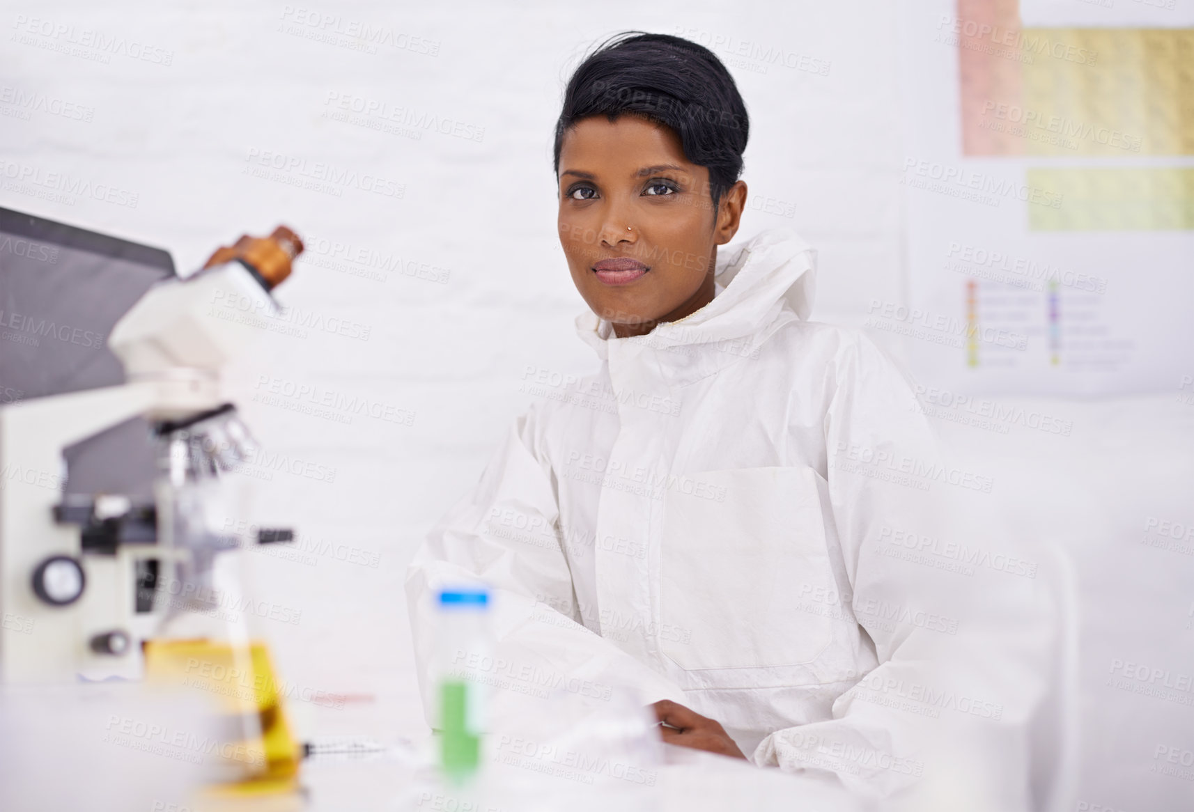 Buy stock photo Science, doctor and portrait of woman in laboratory with sample for medical research, analysis and vaccine. Healthcare, pharmaceutical and professional person for medicine, experiment and study