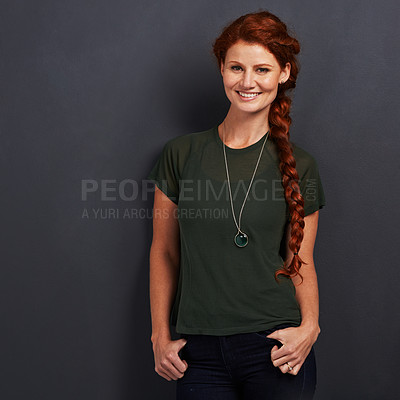 Buy stock photo Portrait, ginger and happy woman in studio for fashion isolated on dark background mockup space. Confidence, smile and person with red hair in casual clothes, tshirt or stylish on backdrop in Ireland