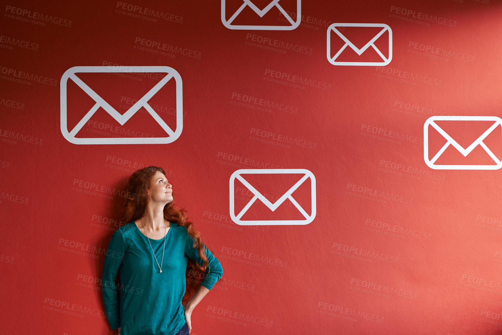 Buy stock photo Happy woman, envelope and thinking with email icon, symbol or graphic on a red studio background. Female person or creative journalist with smile in thought for global communication on mockup space