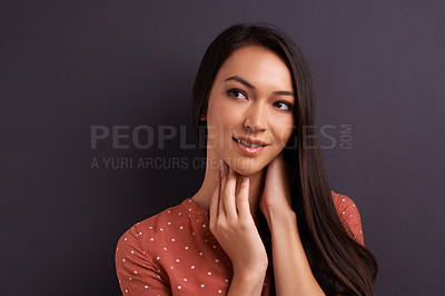 Buy stock photo Thinking, woman and ideas with choice, decision and problem solving on grey studio background. Person, mockup space and girl with emoji or questions with why and brainstorming with solution and model