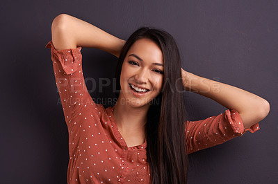 Buy stock photo Portrait, fashion and woman in studio background, pride and cool for trendy style. Female model, smile and confidence with happiness, stylish and edgy girl in casual outfit or clothes from mexico