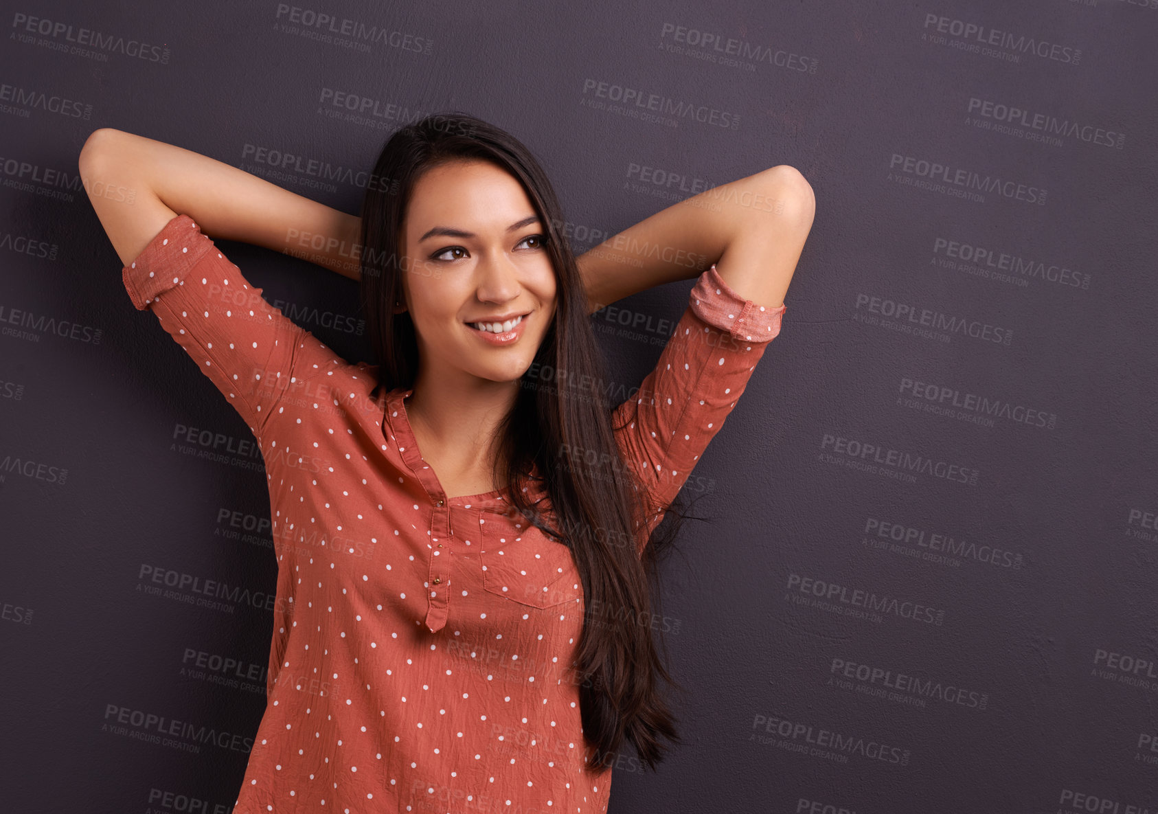 Buy stock photo Mockup, fashion and woman in studio background, pride and cool for trendy style. Female model, smile and confidence with happiness, stylish and edgy girl in casual outfit or clothes from mexico