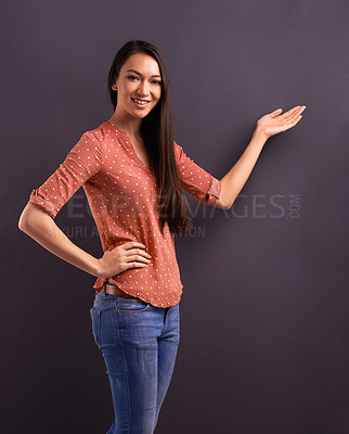 Buy stock photo Woman, portrait and hand for presentation mockup space for news information for sale, advertising or grey background. Female person, face and discount promotion or showing gesture, studio or option