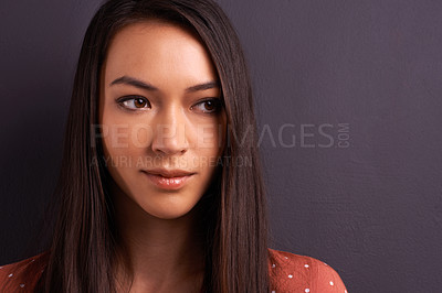 Buy stock photo Thinking, woman and ideas with planning, decision and model on a grey studio background. Person, mockup space and girl with a choice or questions with why and wonder with solution and problem solving