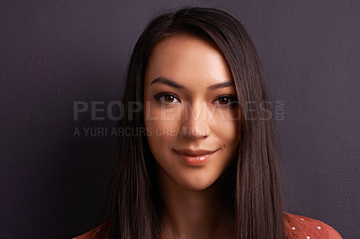 Buy stock photo Woman, portrait and beauty confidence in studio on grey background for cosmetic makeup, treatment or mockup space. Female person, face and positivity for healthy skincare, self care or dermatology