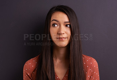 Buy stock photo Thinking, woman and ideas with doubt, decision and confused on a grey studio background. Person, mockup space and girl with a choice or questions with why and thought with solution or problem solving