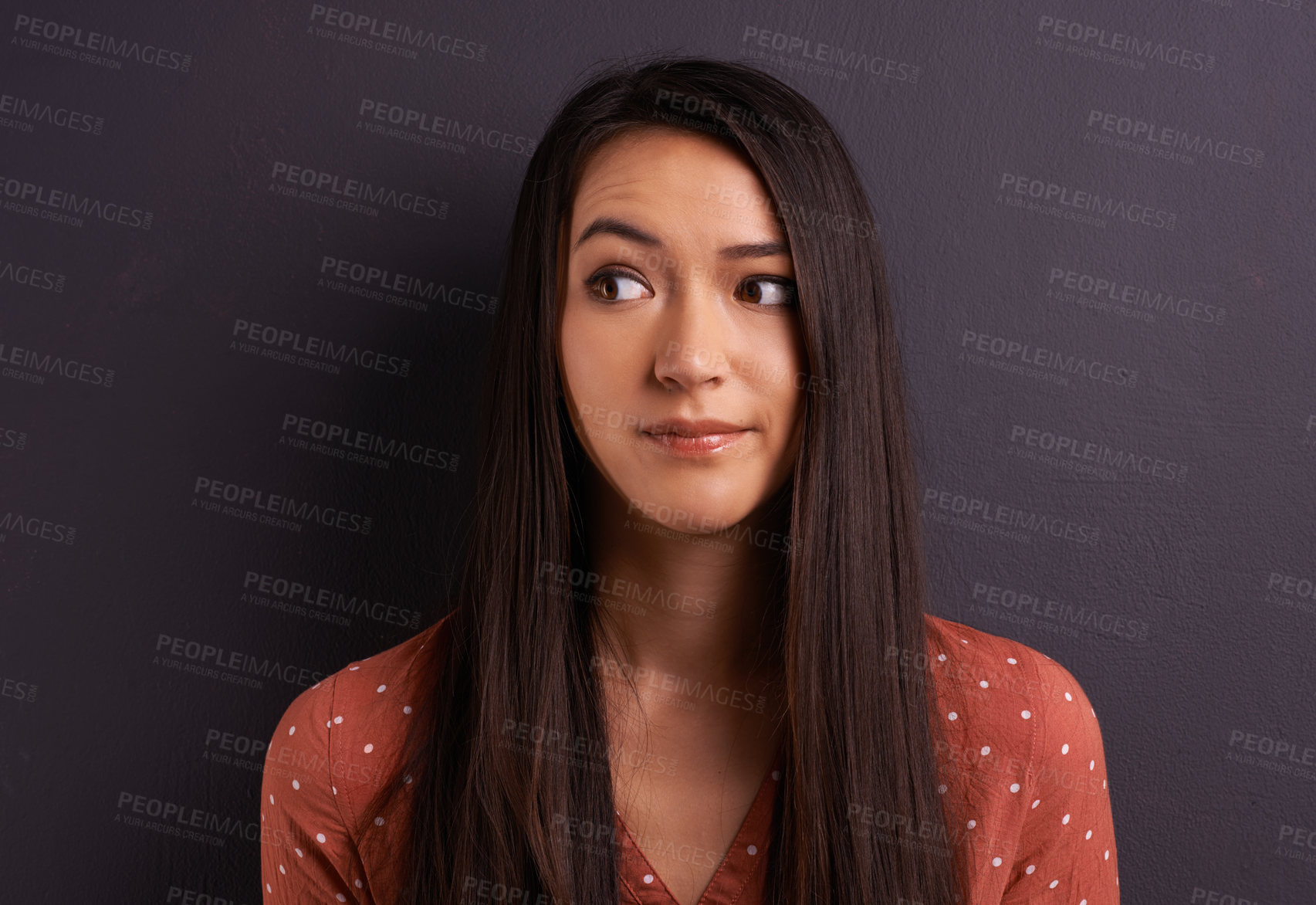 Buy stock photo Thinking, woman and ideas with doubt, decision and confused on a grey studio background. Person, mockup space and girl with a choice or questions with why and thought with solution or problem solving