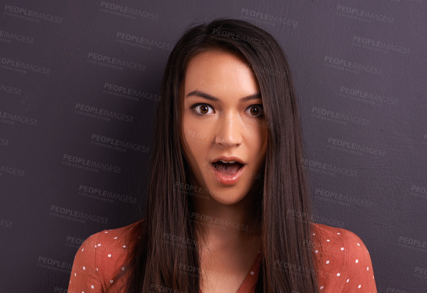Buy stock photo Portrait, surprise and woman in shock in studio, mouth open and isolated on a grey background. Face, wow and amazed model with wtf facial expression for announcement of gossip, news or information