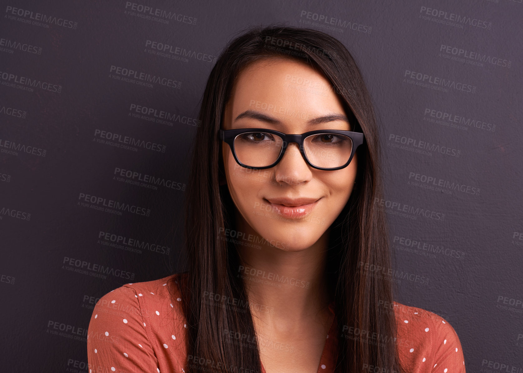 Buy stock photo Portrait, smile and woman with glasses, happiness and person on a grey studio background. Face, model and girl with eyewear and mockup space with optometry and iris with sight and see with looking