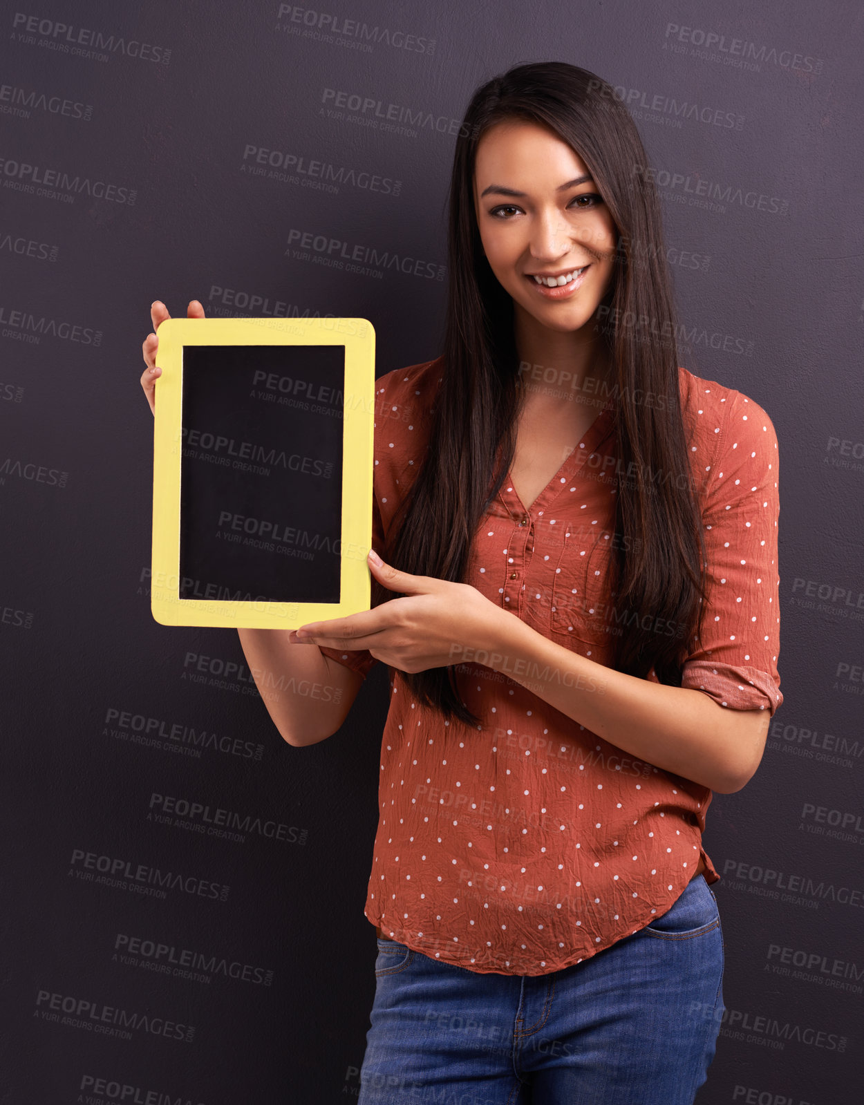 Buy stock photo Model, studio and tablet with mockup, screen and technology for communication and connectivity. Woman, tech and confidence with smile, happiness and space for online app or social media connection