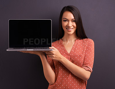 Buy stock photo Woman, portrait and laptop screen for digital technology in studio for networking connection, communication or mockup space. Female person, face and online research for website, email or internet