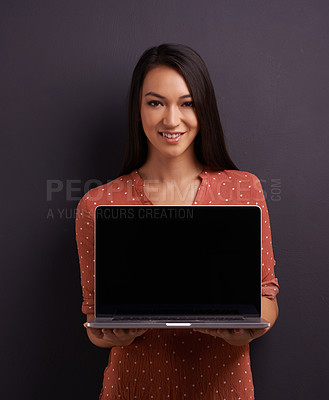 Buy stock photo Woman, portrait and laptop screen for online website in studio for networking connection, communication or mockup space. Female person, face and digital technology for email, application or internet
