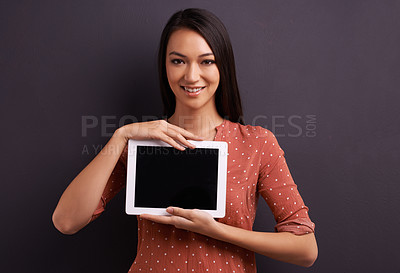 Buy stock photo Model, studio and tablet with portrait, screen and technology for communication and connectivity. Woman, tech and confidence with smile, happiness and space for online app or social media mockup