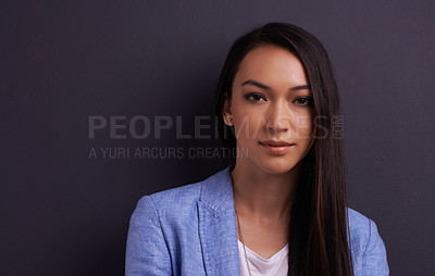 Buy stock photo Portrait, serious and business woman in studio isolated on a grey background mockup space for job. Face, confident professional and entrepreneur, employee or consultant working in Mexico for career