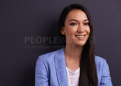 Buy stock photo Portrait, smile and business woman in studio isolated on a grey background mockup space for job. Face, happy professional and entrepreneur, employee and young consultant working in Mexico for career