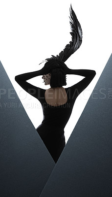 Buy stock photo Rear view shot of a young woman wearing a wing-shaped headpiece with two gray triangle graphics