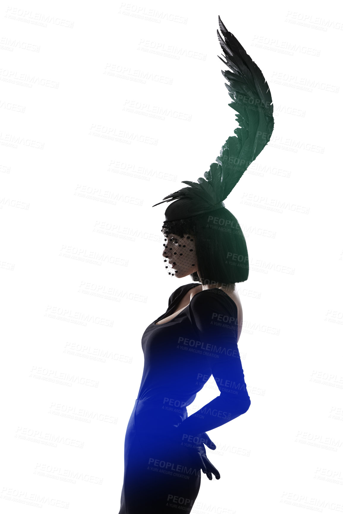 Buy stock photo Feather, fashion and unique style woman in a studio with head piece, bird hat and art with gothic creativity. Crow, silhouette and shadow with fantasy and with goth trend and white background