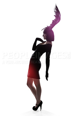 Buy stock photo Woman, feather and head for fashion in studio for fantasy or magic with unique creativity for art or illusion. Female person, isolated and white background for designer clothes, diva and surreal