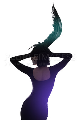 Buy stock photo Rear view shot of a young woman wearing a wing-shaped headpiece