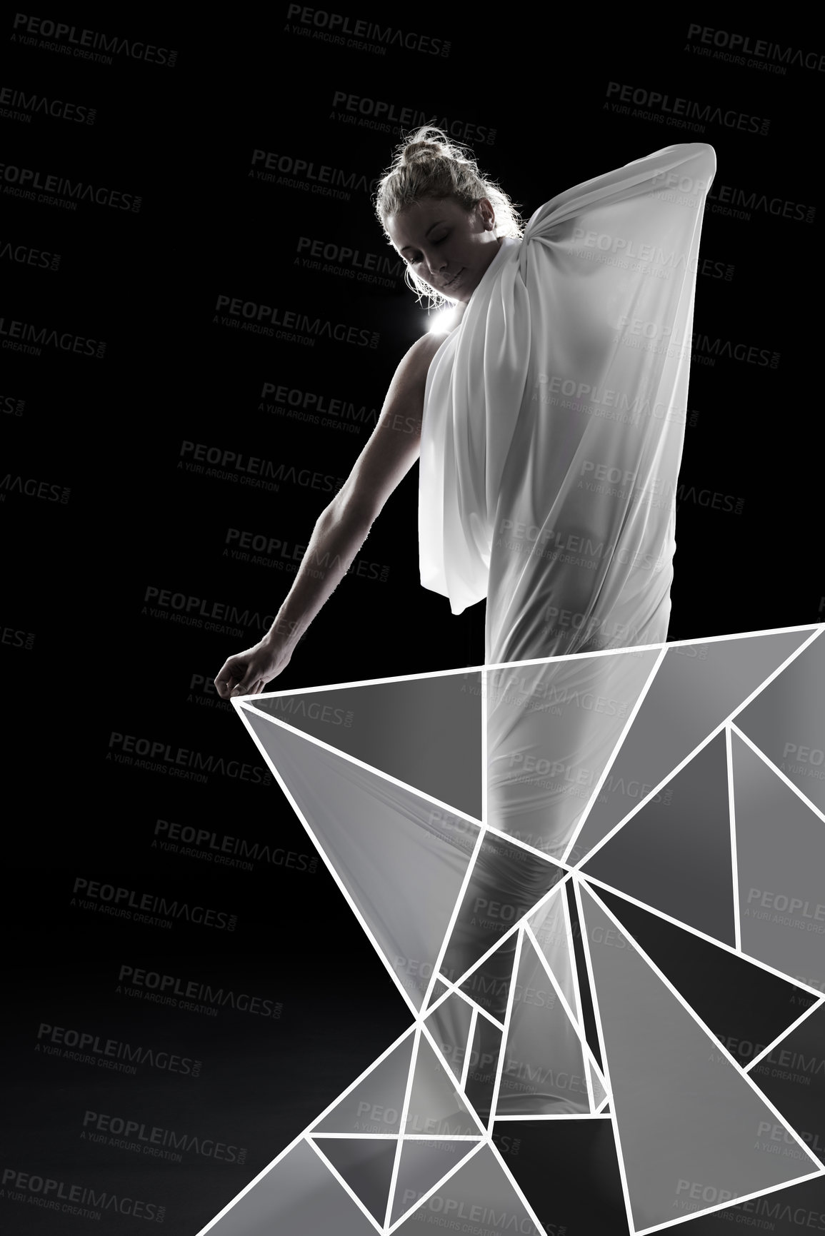 Buy stock photo Studio shot of a woman wrapped in fabric and surrounded by geometric shapes against a black background