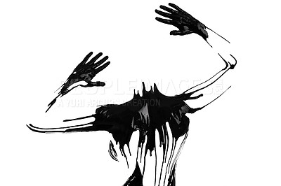 Buy stock photo Studio, figure and paint on body of person with outline of hands and human silhouette in white background. Creative, painting and texture of black ink for art or abstract character in mockup space