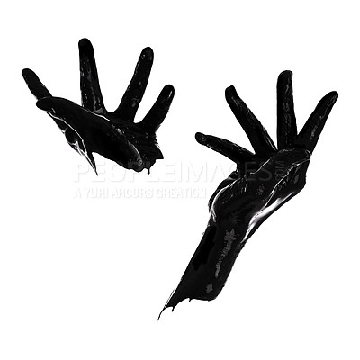 Buy stock photo Vector art of two painted black hands fully opened and gesturing against a white studio background. Fingers dipped in black paint with copy space isolated on white. Modern and contemporary art